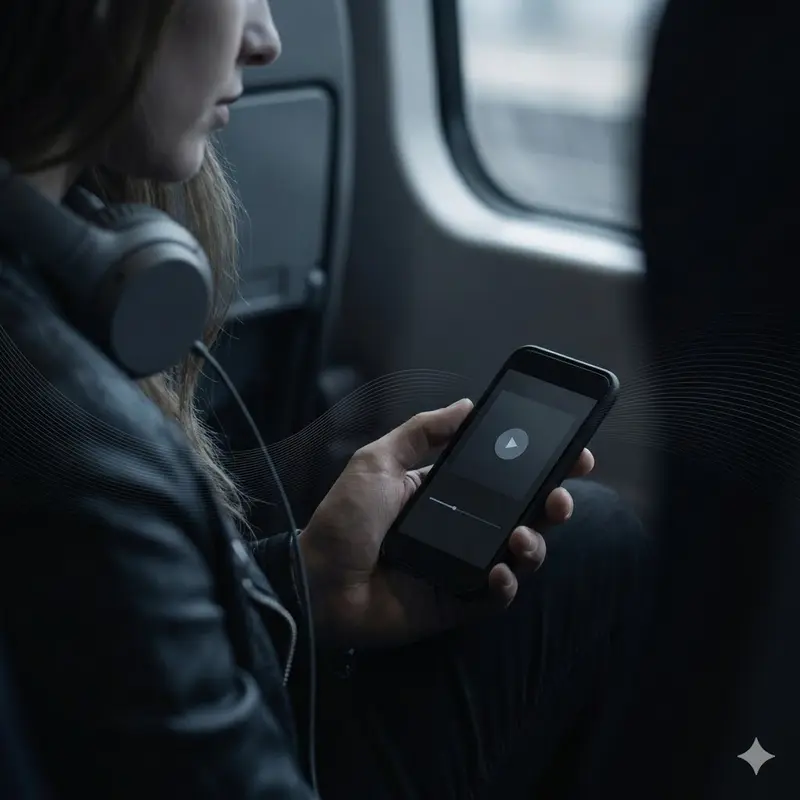 Frau hört Texte mit Kopfhörern im Zug